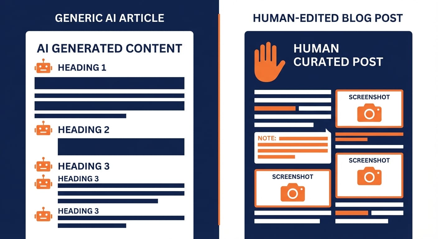 Split illustration contrasting a generic AI article page and a human-edited expert post.