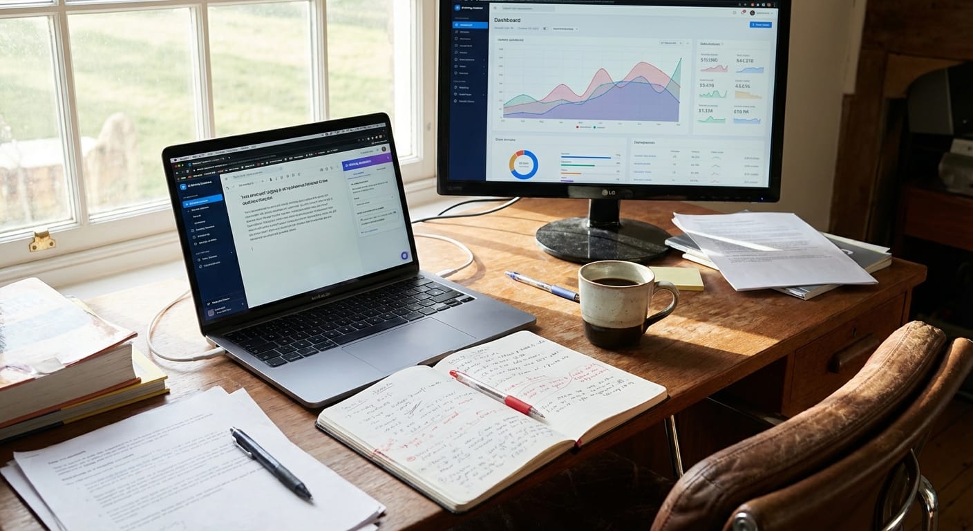 Moody desk photo with AI writing tool beside blog analytics on laptop screen.