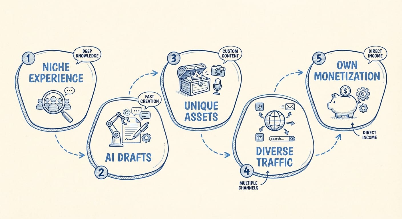 Infographic showing five steps for building a hybrid human plus AI blog in 2026.
