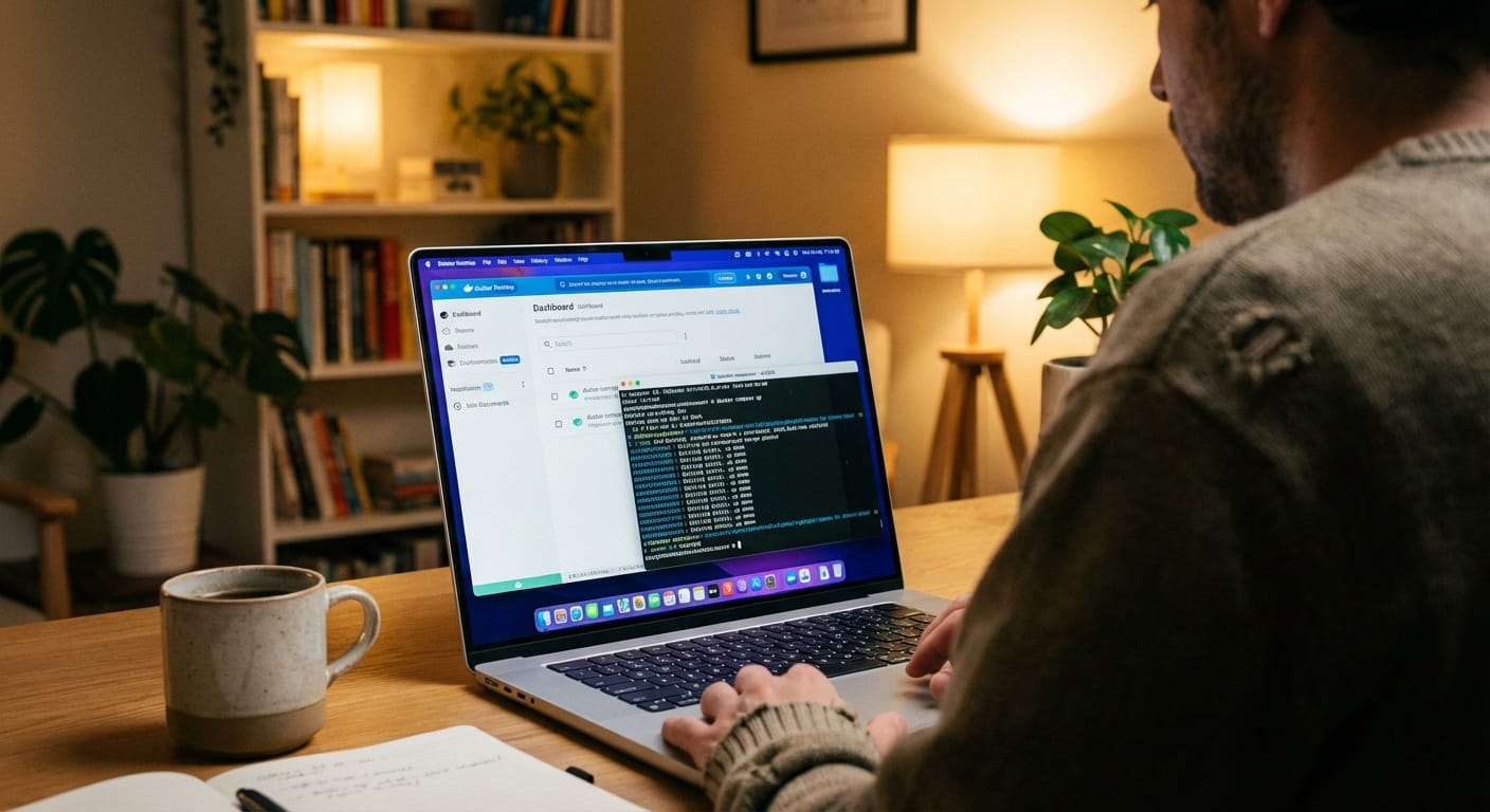 Laptop running Docker Desktop and terminal showing docker compose commands in home office