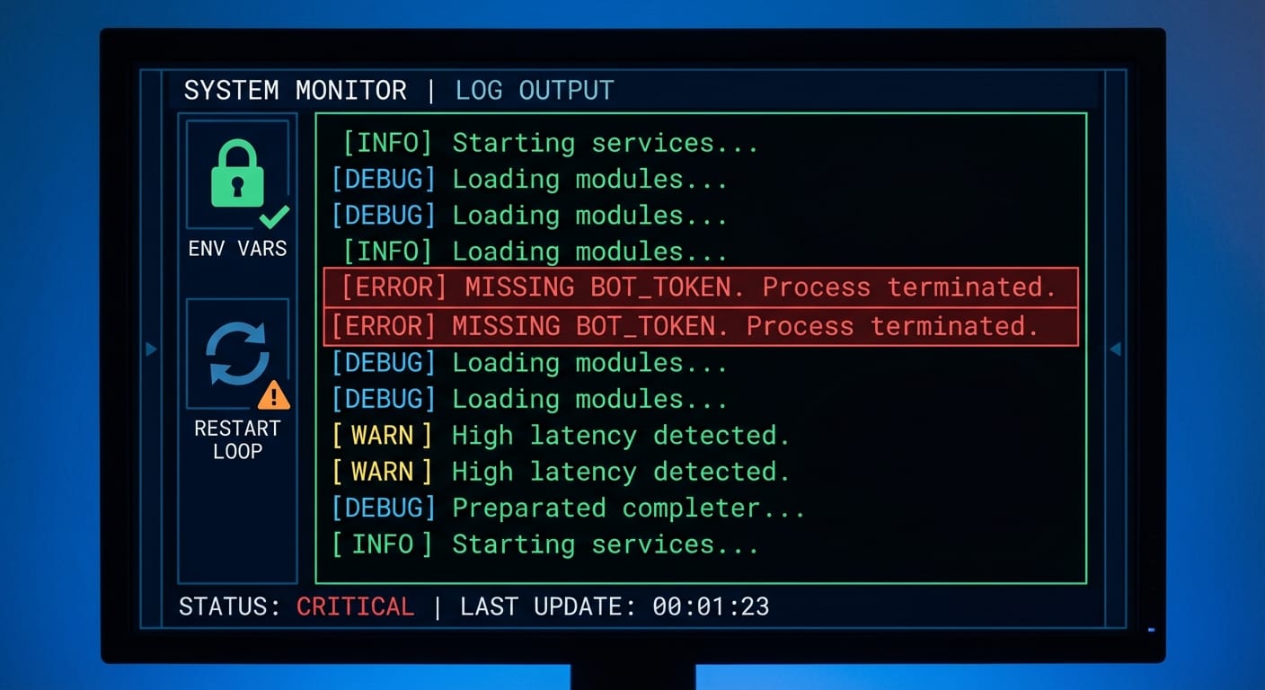 Terminal log panel highlighting missing environment variable error for BOT_TOKEN