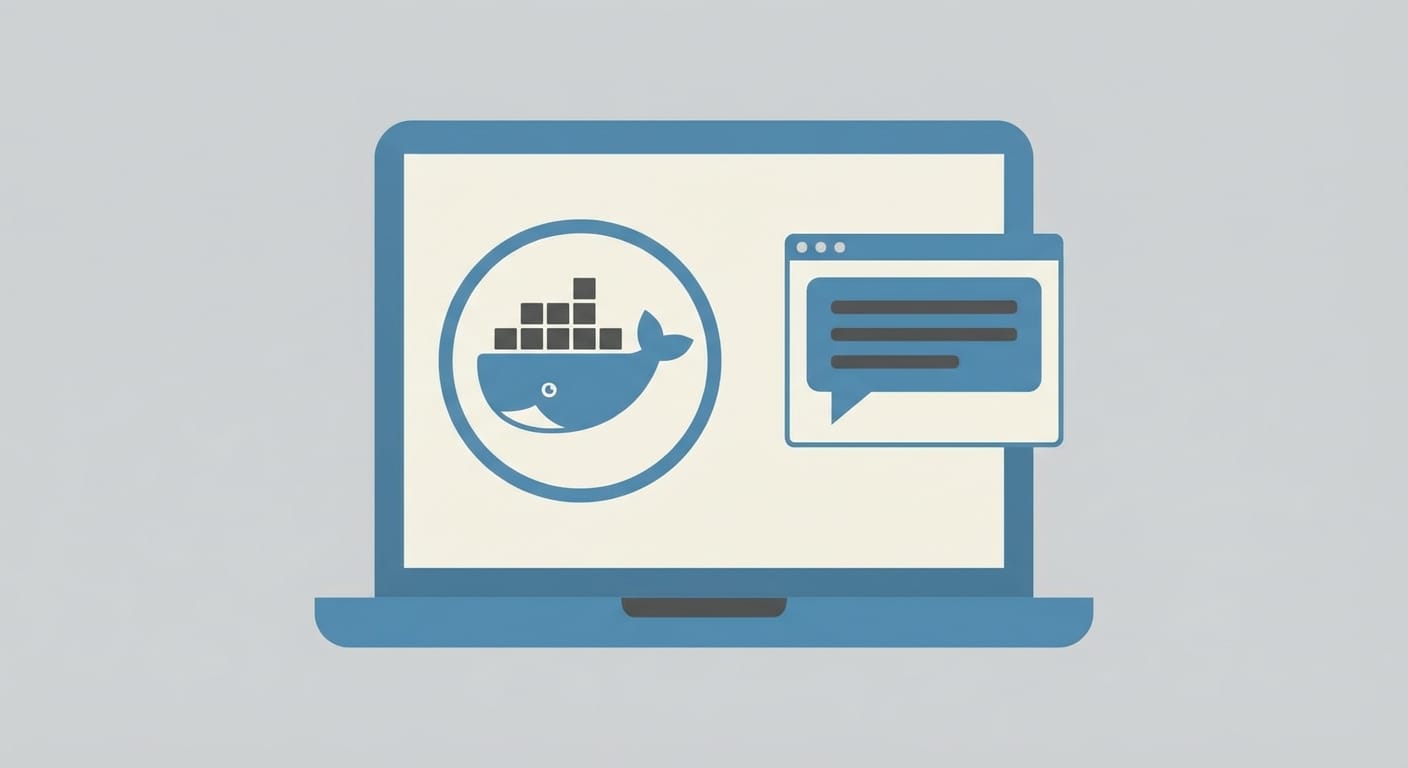 Laptop screen with Docker icon and chatbot window in a simple vector style
