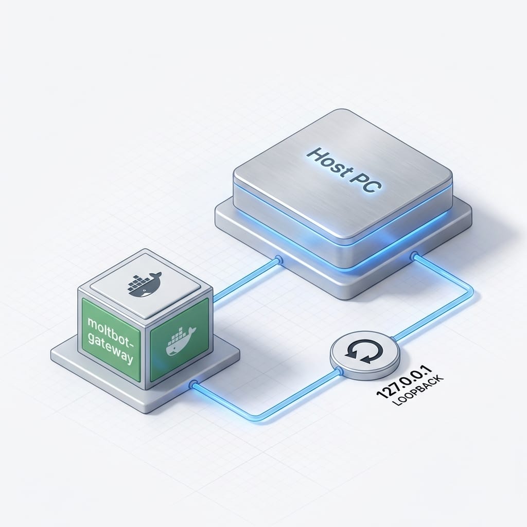 Isometric diagram of host PC and Docker container connected to 127.0.0.1 loopback
