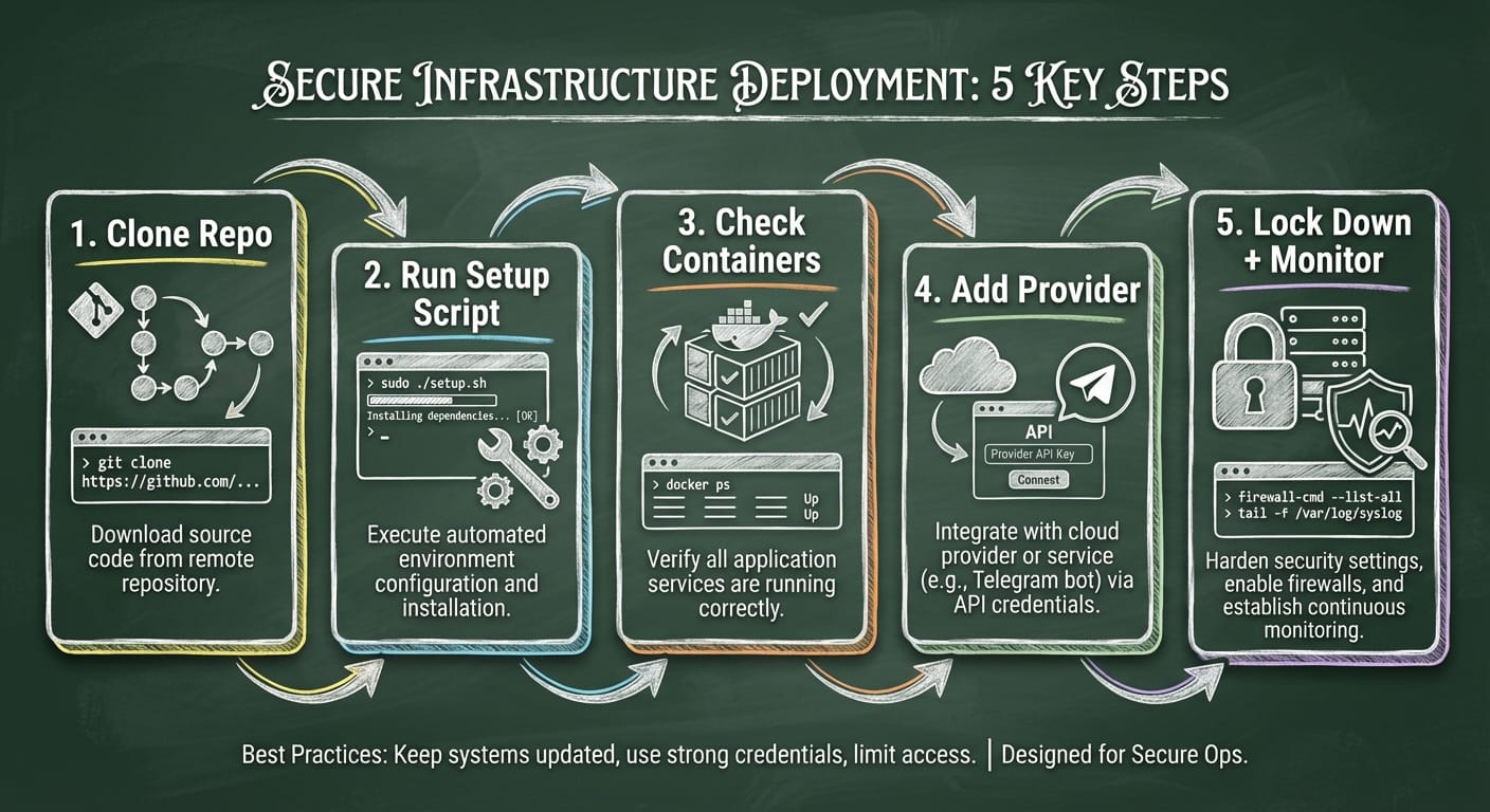 Infographic showing five Moltbot Docker setup steps drawn as chalkboard boxes