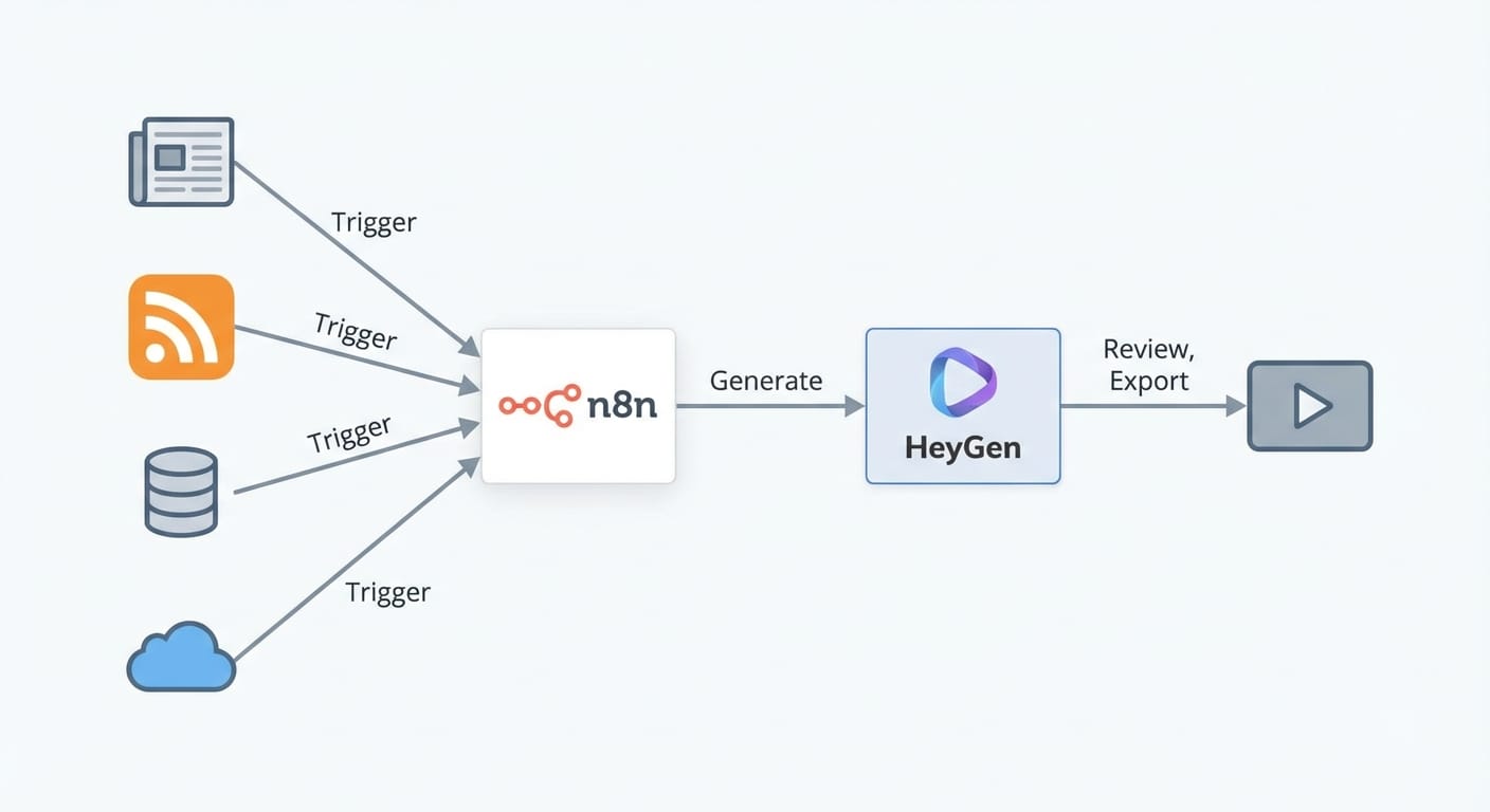Workflow diagram showing HeyGen video generation connected to n8n automation steps
