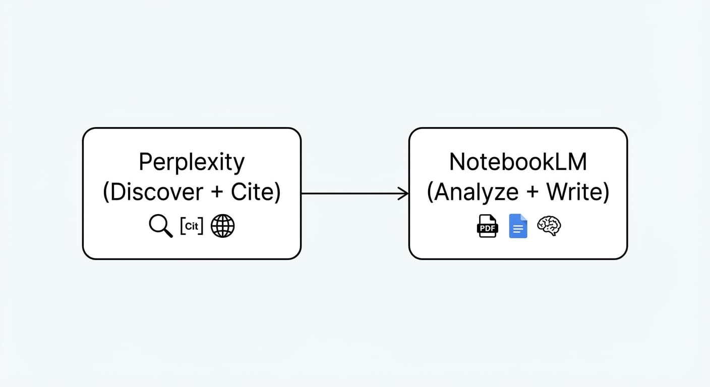 Simple workflow diagram showing Perplexity research sources flowing into NotebookLM notebook analysis