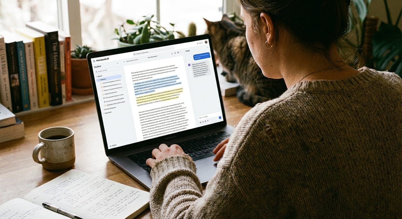 Person viewing a laptop with highlighted citations and an outline while taking notes
