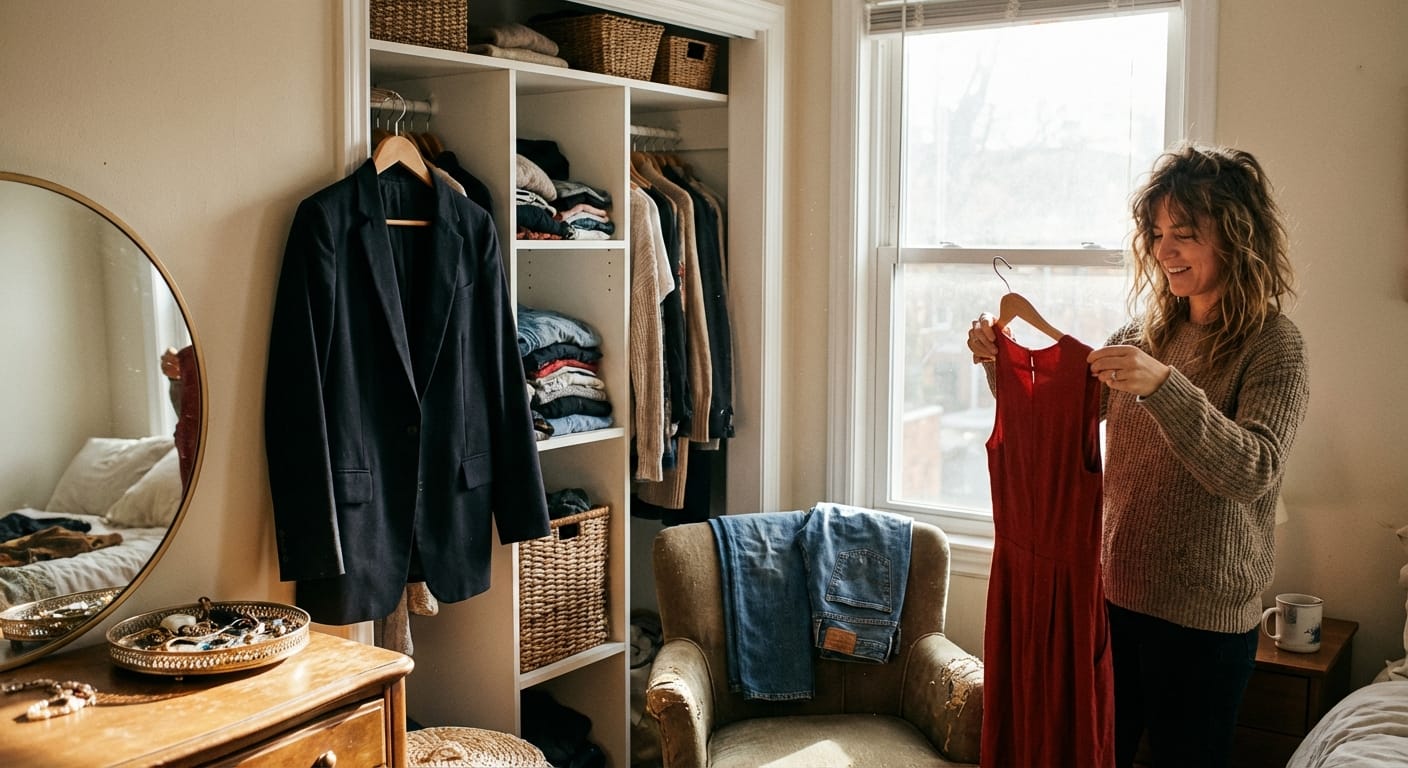 Woman choosing a red dress, blazer, and jeans in a bright closet