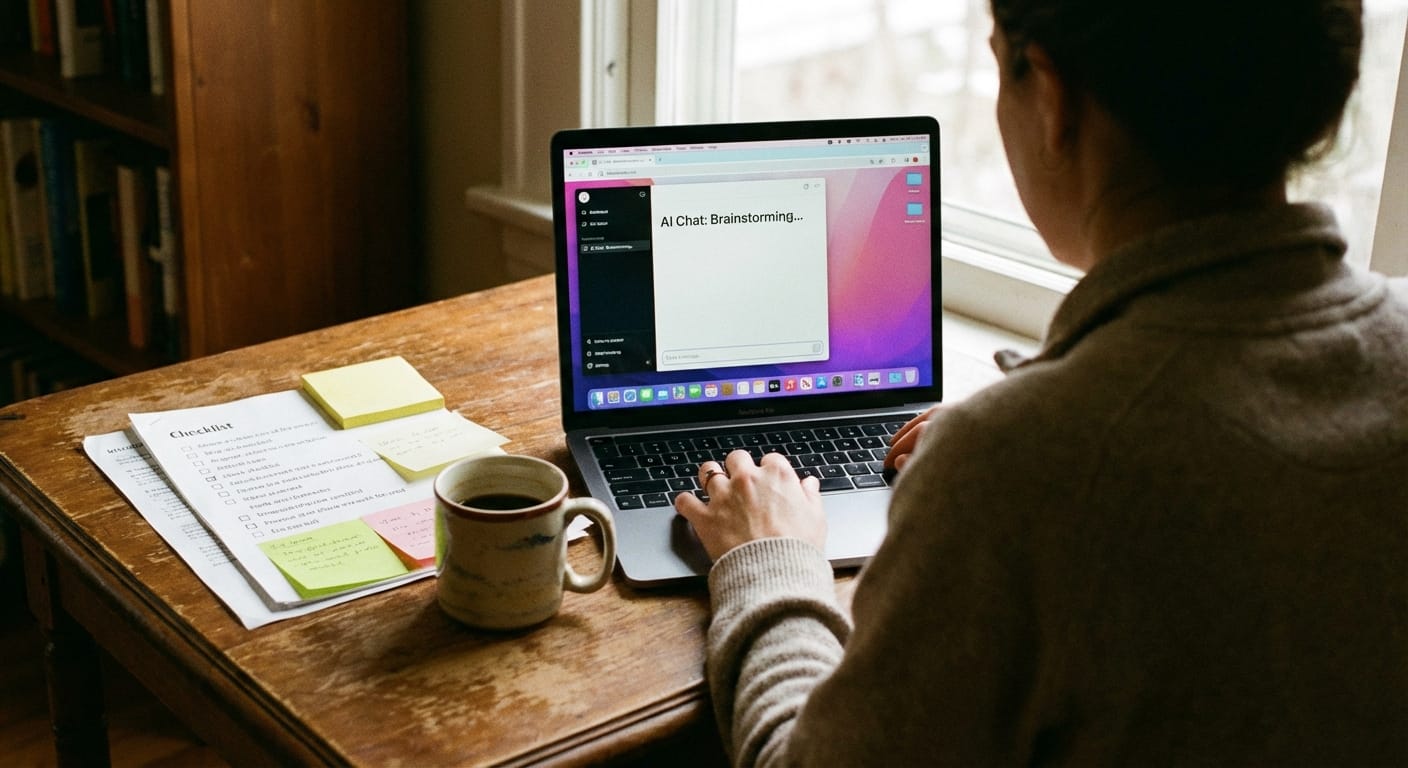 Person using AI assistant on laptop beside checklist and calendar notes on desk