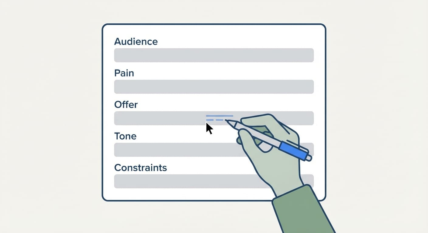 Person filling a structured AI prompt template with audience, offer, and constraints