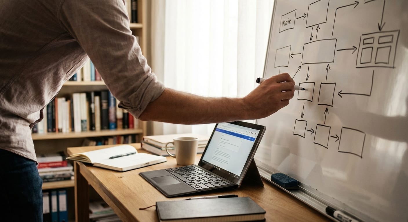 Person drawing a simple AI workflow diagram on a whiteboard in a home office
