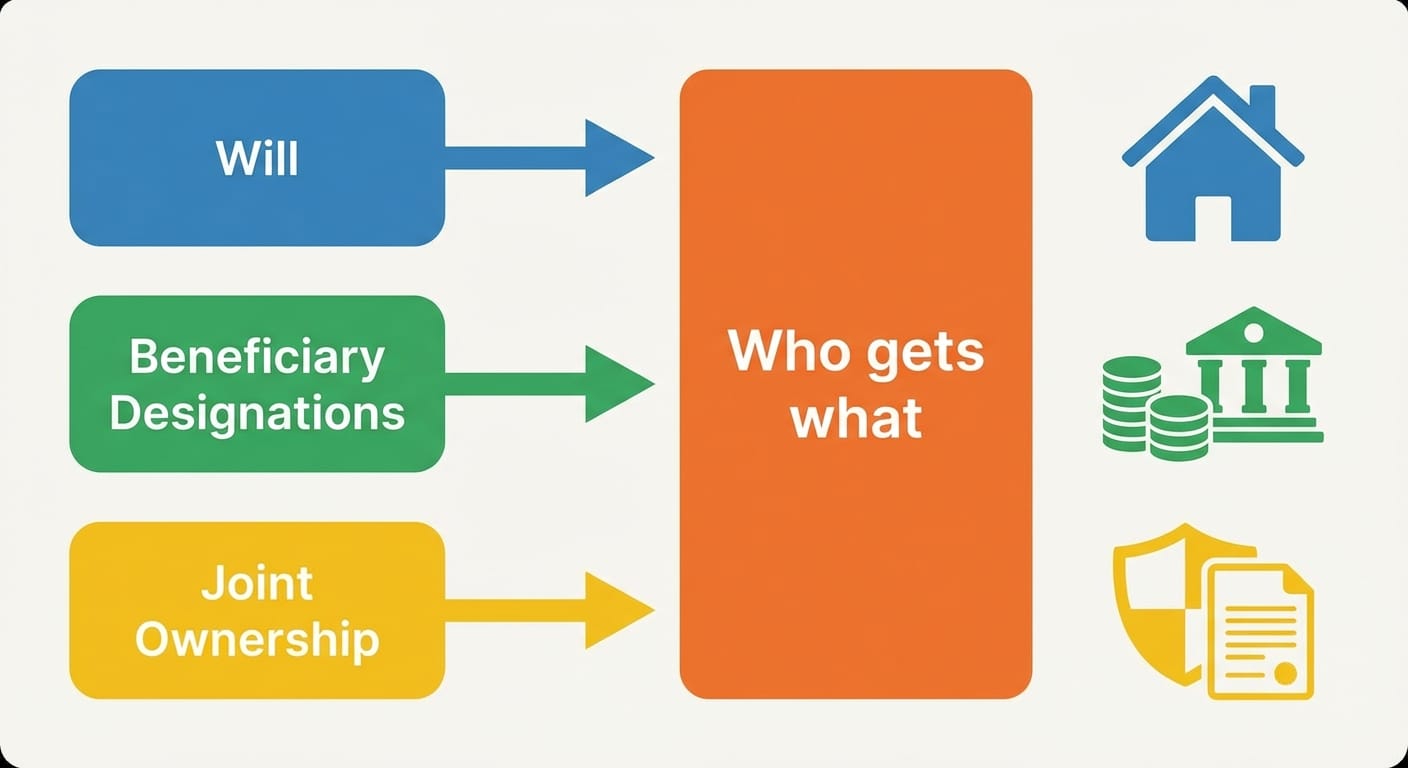 Flat flowchart showing will versus beneficiaries and joint ownership directing asset transfers