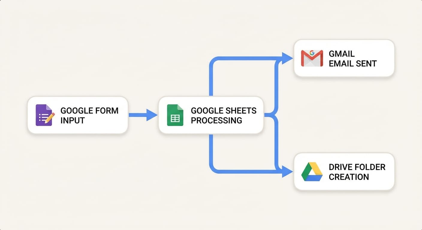 Simple flowchart showing Google Form to Sheets to Gmail to Drive automation steps