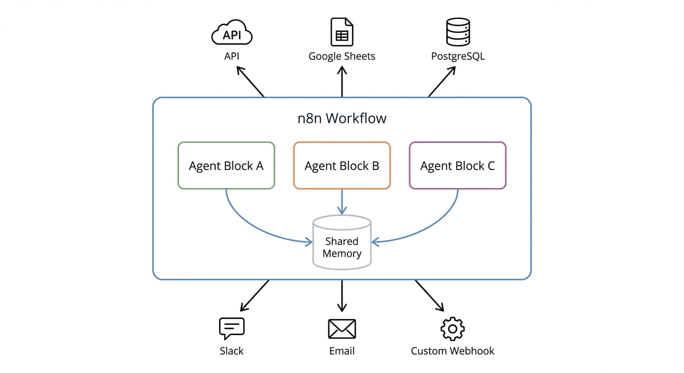 Infographic of n8n workflow with three AI agents sharing one memory node