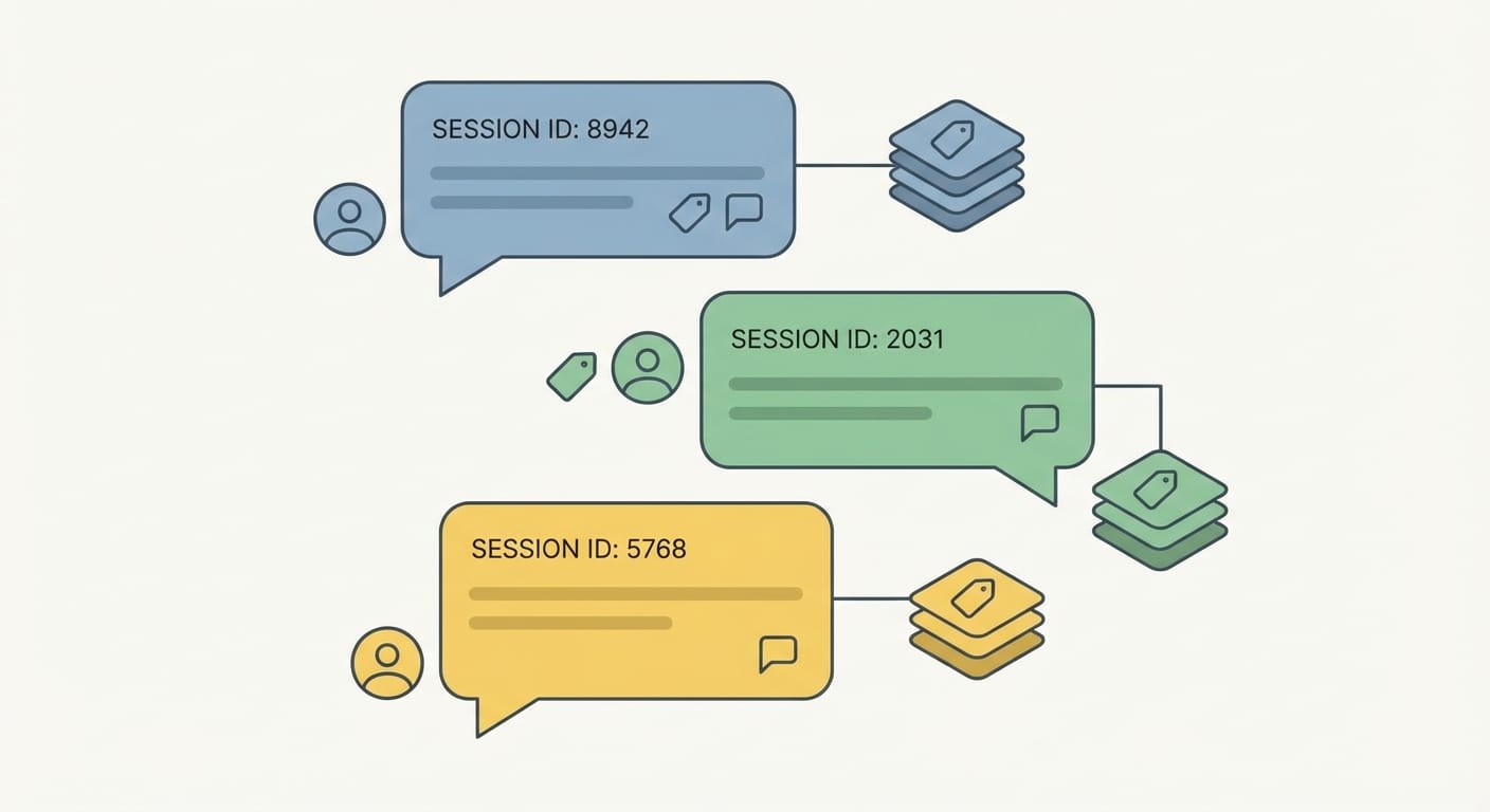 Screenshot-style illustration of session ID mapping to separate memory threads in automation