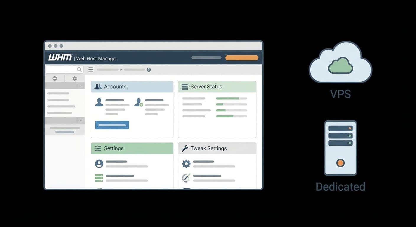 Laptop displaying WHM interface beside VPS cloud and dedicated server icons