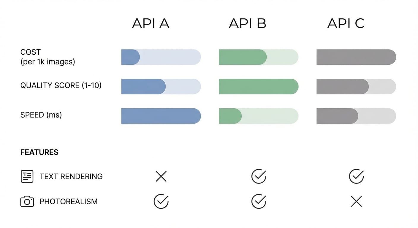 Comparison table graphic showing price per image and quality scores for three AI image APIs