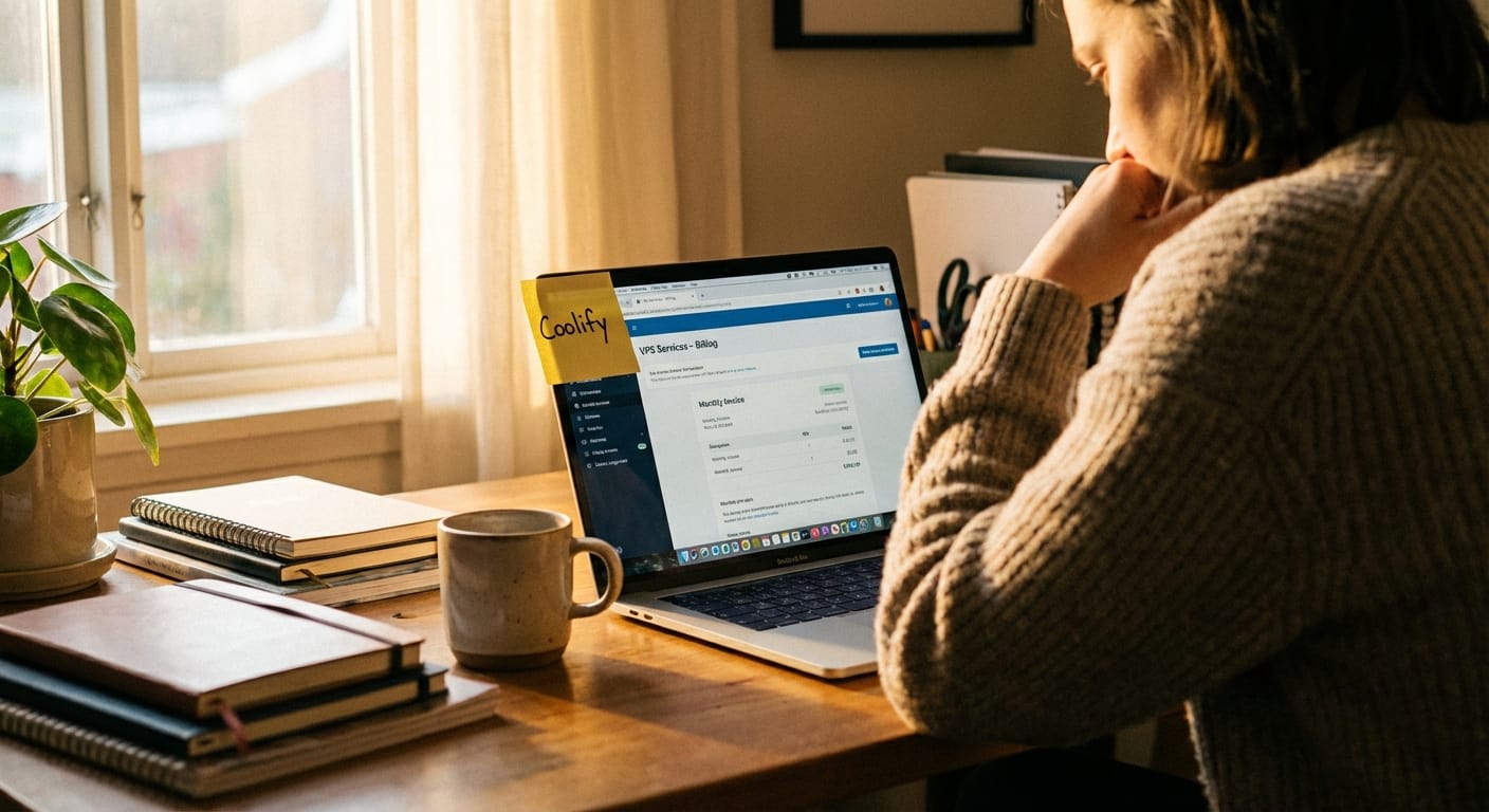 Person viewing VPS monthly billing page beside a note labeled Coolify on desk