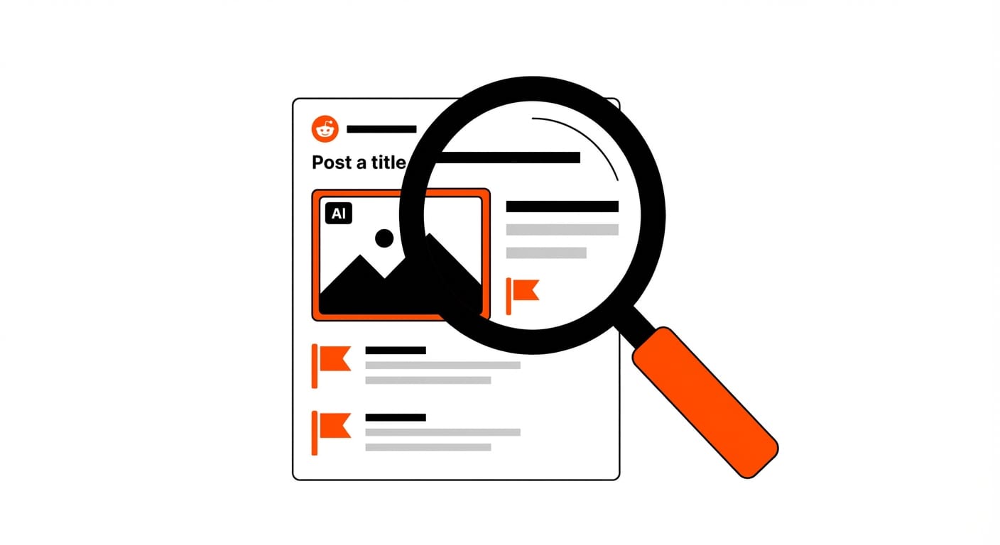 Illustration of magnifying glass over Reddit post with AI generated image thumbnails