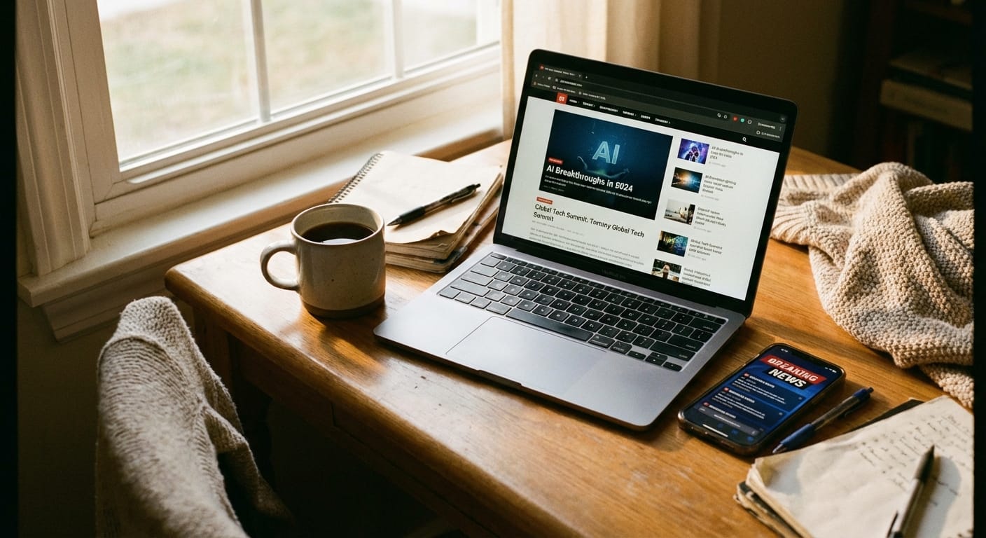 Smartphone showing AI news alerts next to coffee and laptop on desk