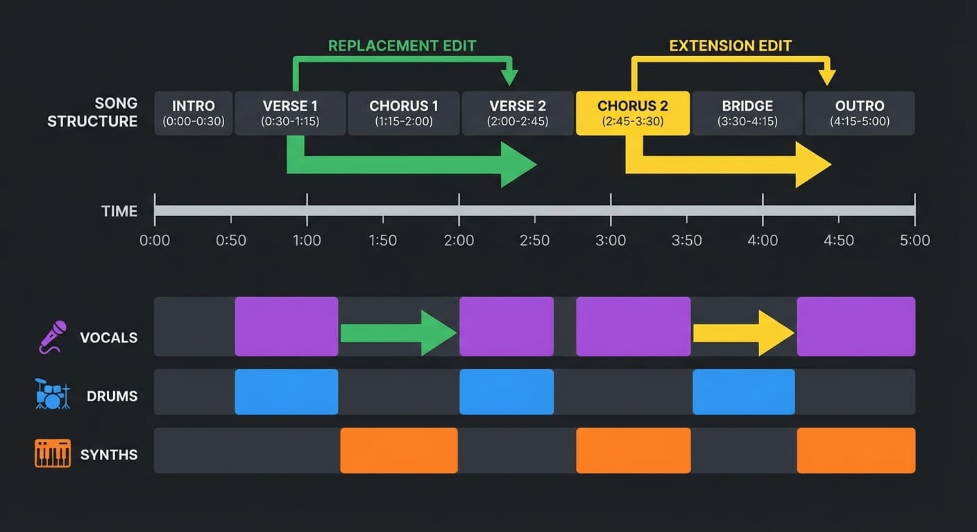 Timeline diagram with vocals, drums, and synth lanes showing section replacement edits