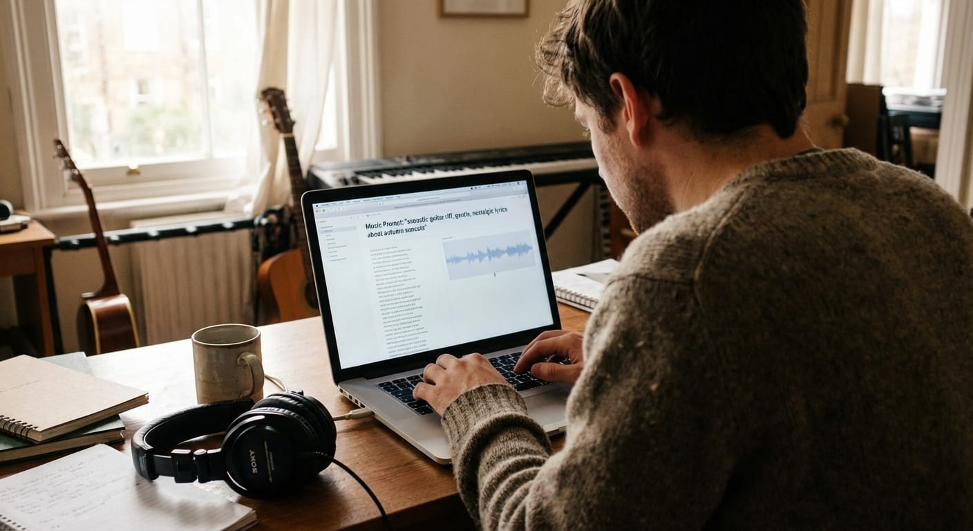 Person typing an AI music prompt on laptop with waveform and lyrics visible