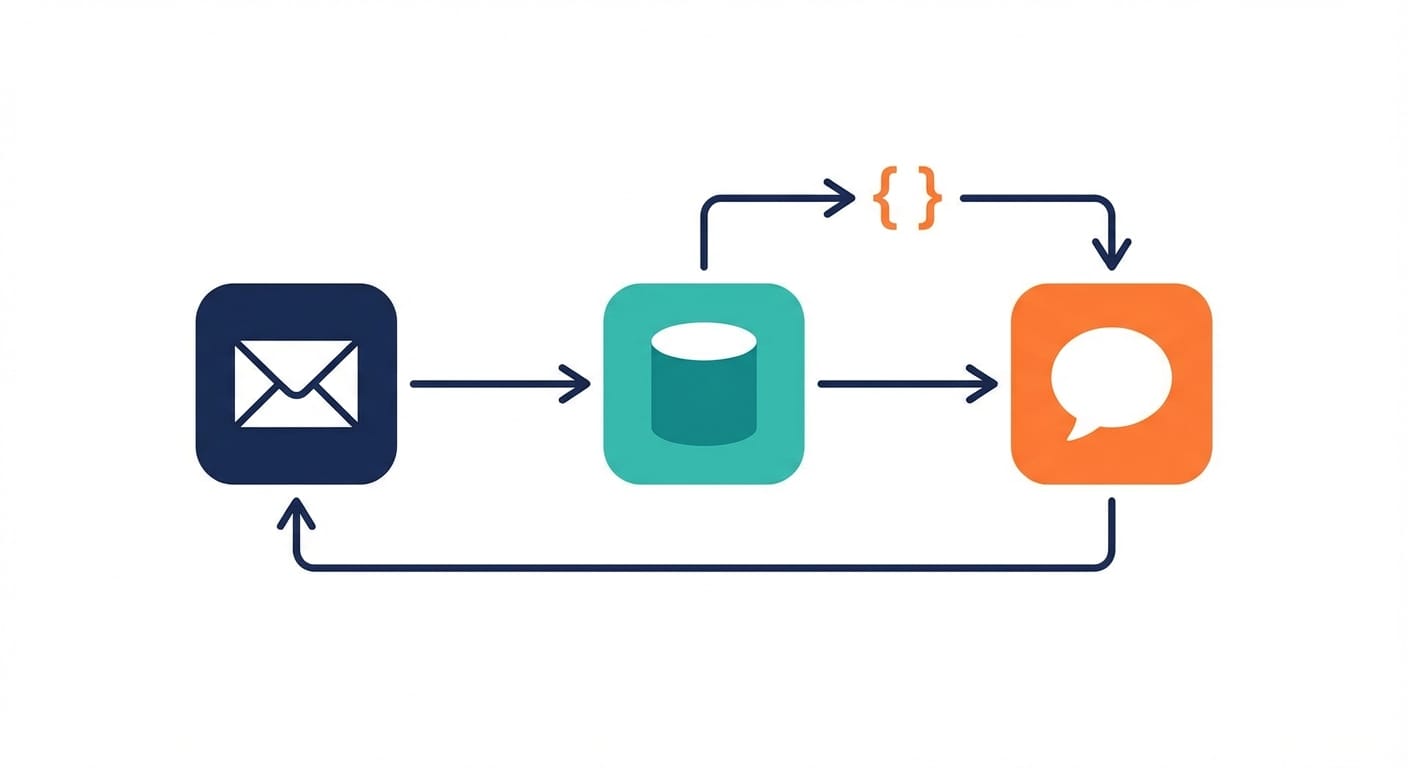 Developer desk with laptop, flowchart notes, and connected app icons in a simple map