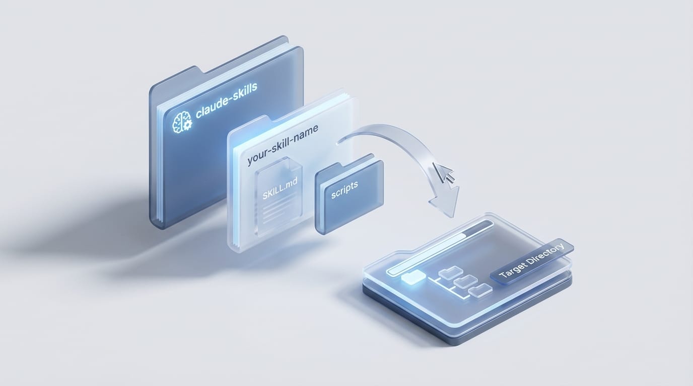 Isometric folders showing SKILL.md and scripts directory being placed into a skills folder