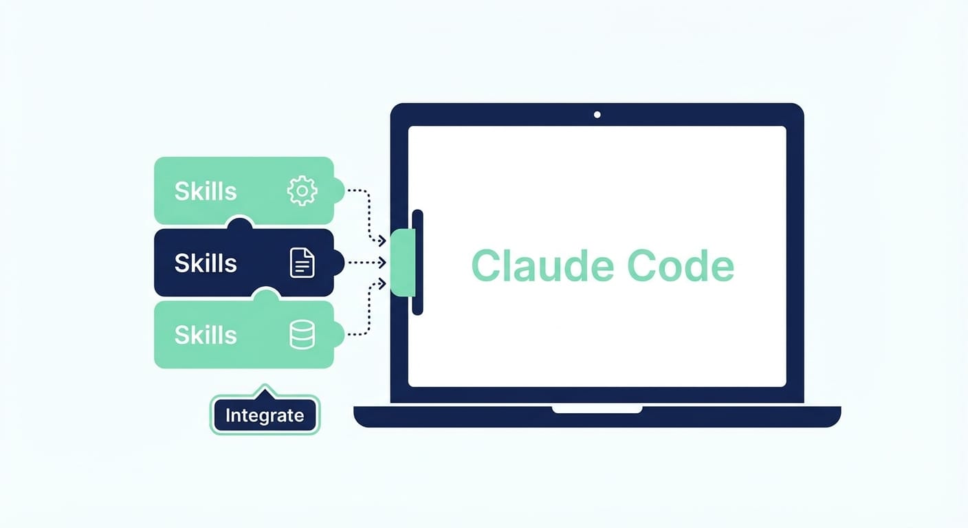 Vector laptop with modular skill blocks snapping in, labeled Claude Code and Skills