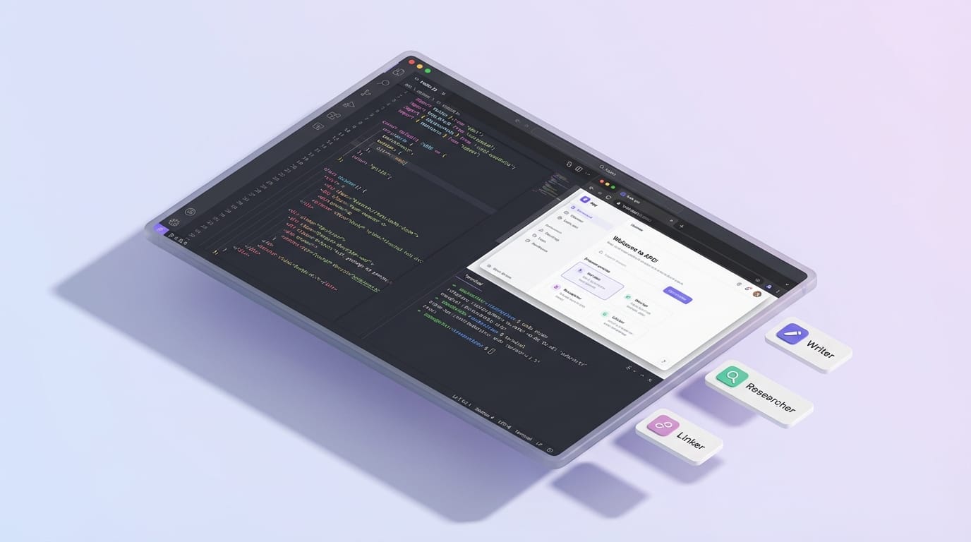 Isometric IDE interface showing code pane, terminal pane, browser preview, and AI agent cards