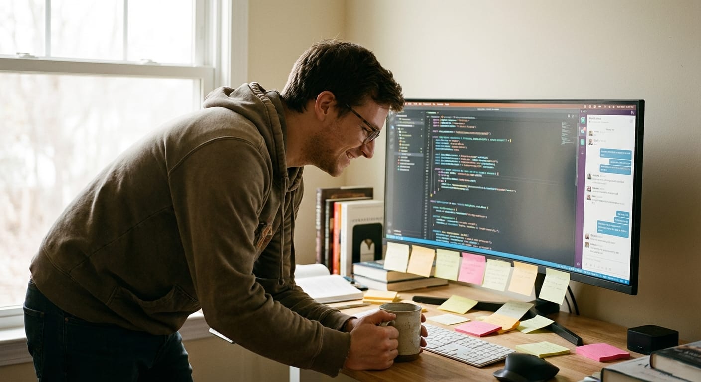 Developer at desk viewing large codebase on ultrawide monitor with AI chat panel