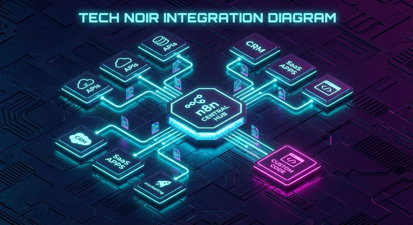 Dark schematic diagram with central n8n hub connecting to APIs and a custom code service