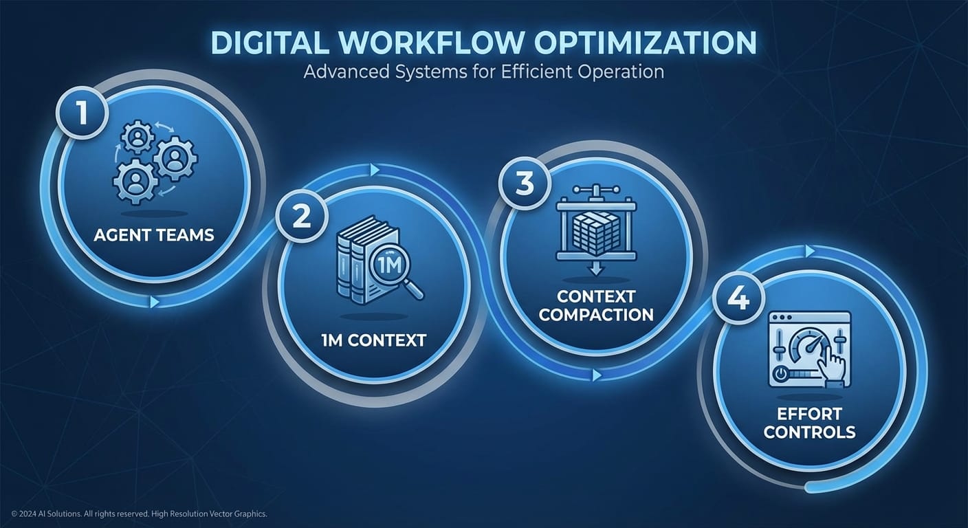 Infographic showing four numbered circles for Opus 4.6 coding upgrades