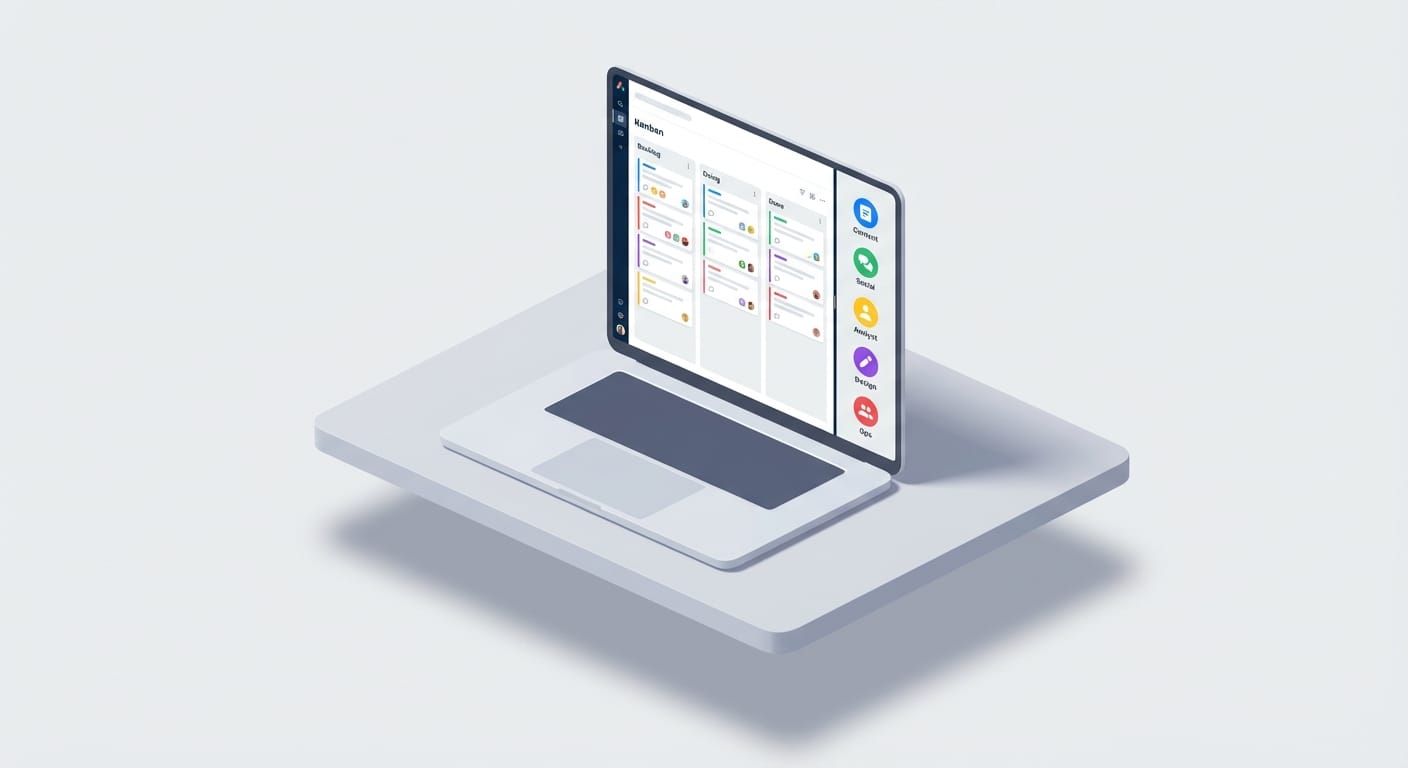 Laptop with Kanban board and five agent chat panels arranged side-by-side in UI