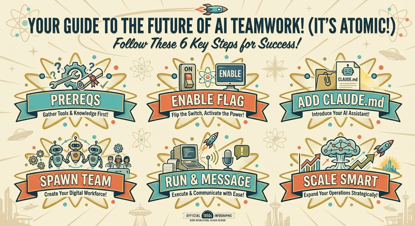 Infographic showing six-step process with ribbon banners and retro icons in turquoise