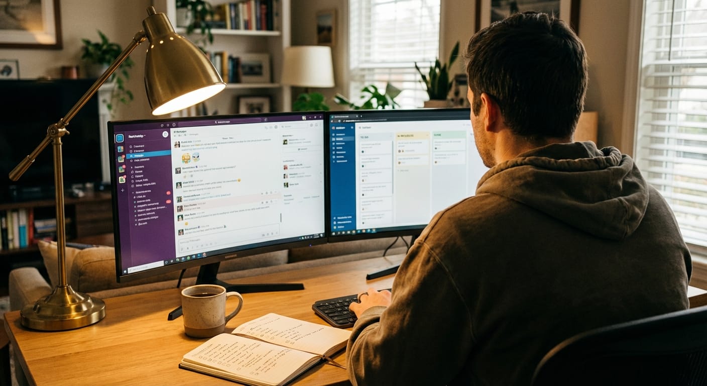 Developer at desk viewing chat threads and a kanban board on two monitors.