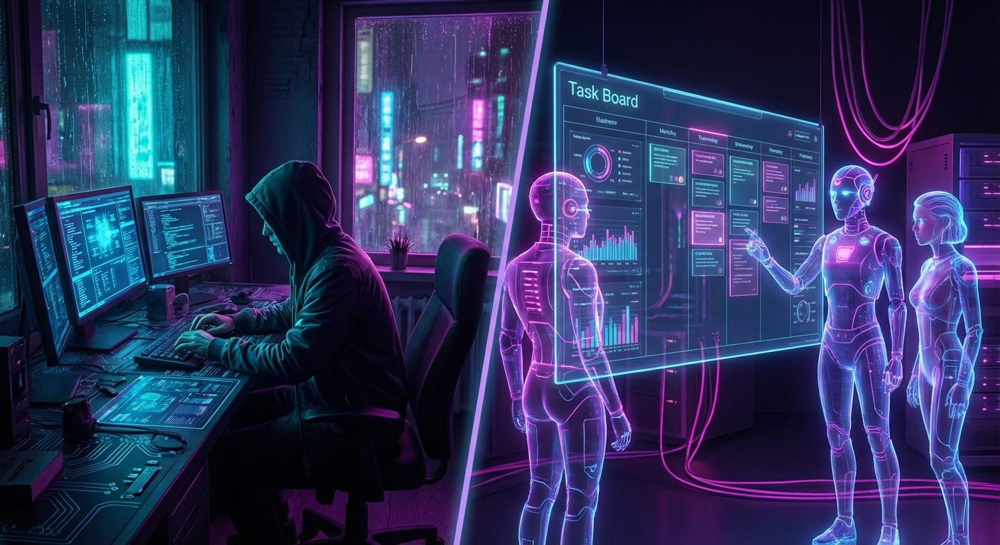 Split image of one AI at a terminal versus a team around a task board.