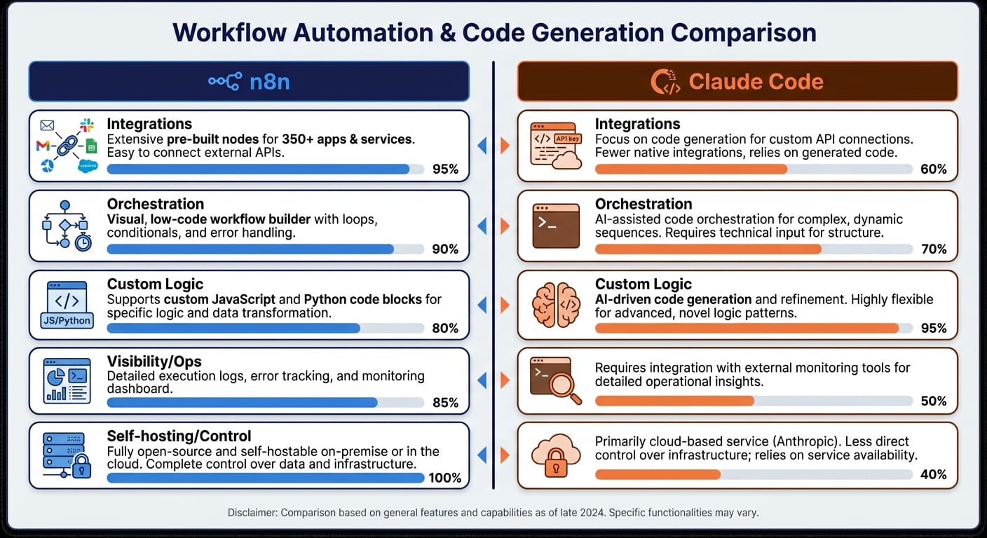 Infographic comparing n8n and Claude Code across five rows of capabilities