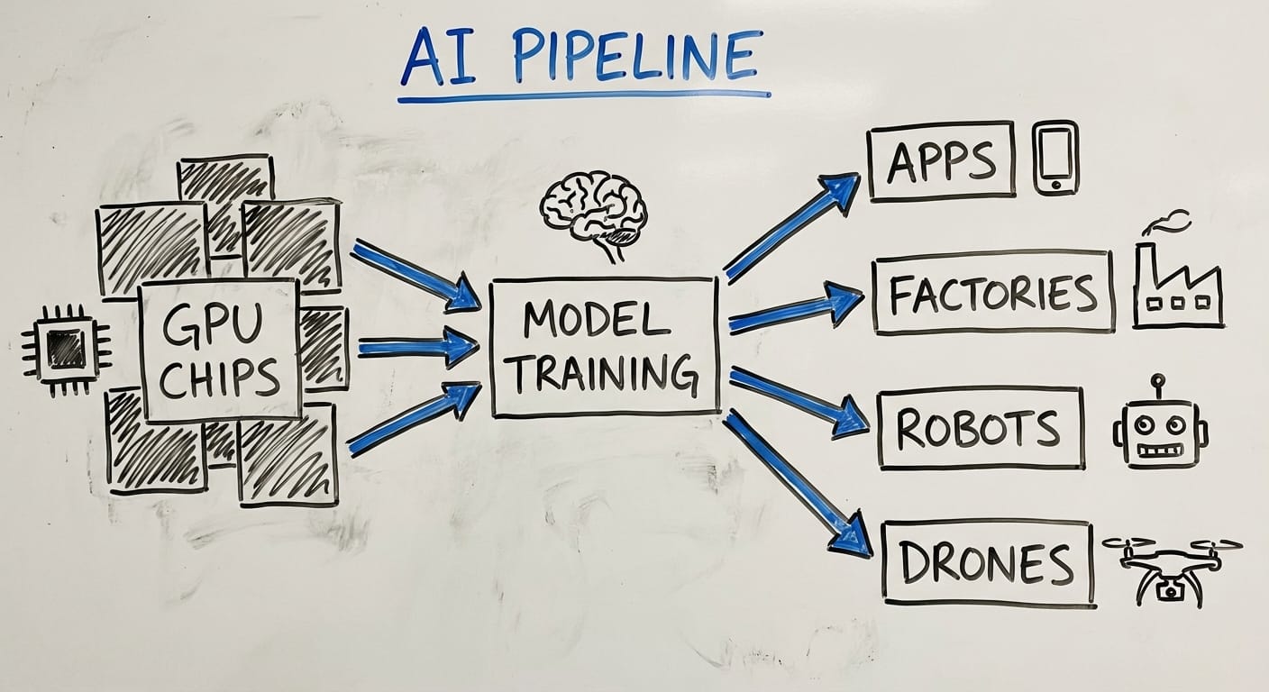 Hand-drawn pipeline diagram from chips to training to deployed AI products