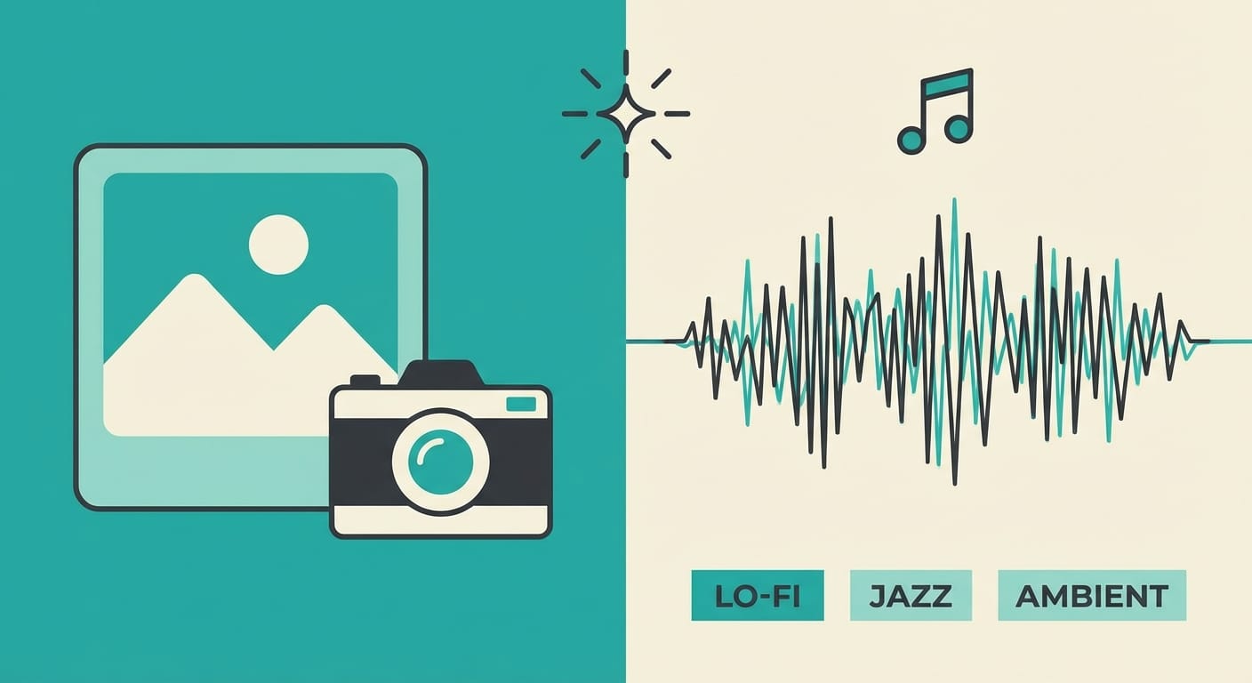 Illustration of an image prompt feeding into an audio waveform with genre labels.