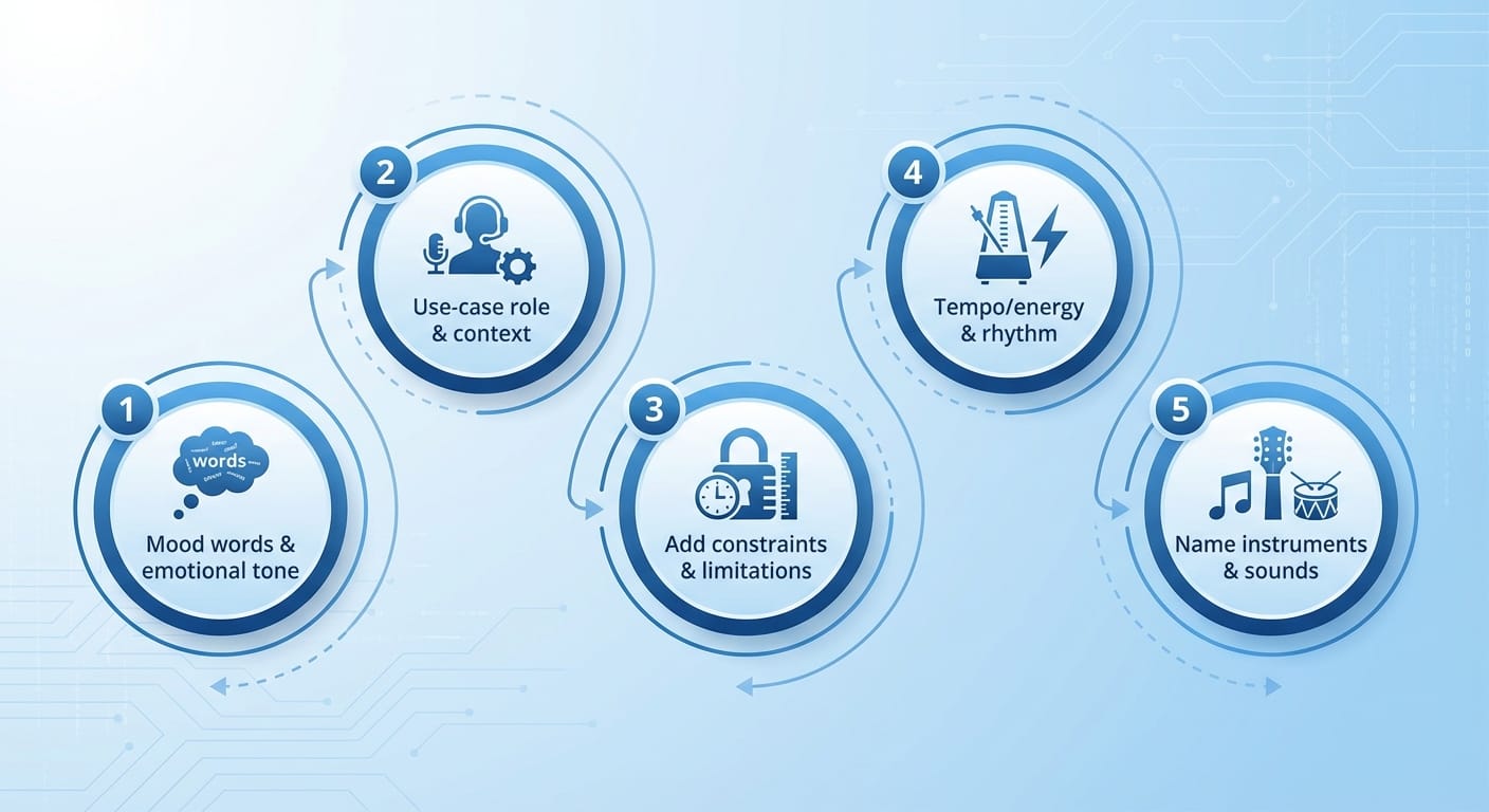 Infographic showing five AI music prompt tips in numbered circles with icons.