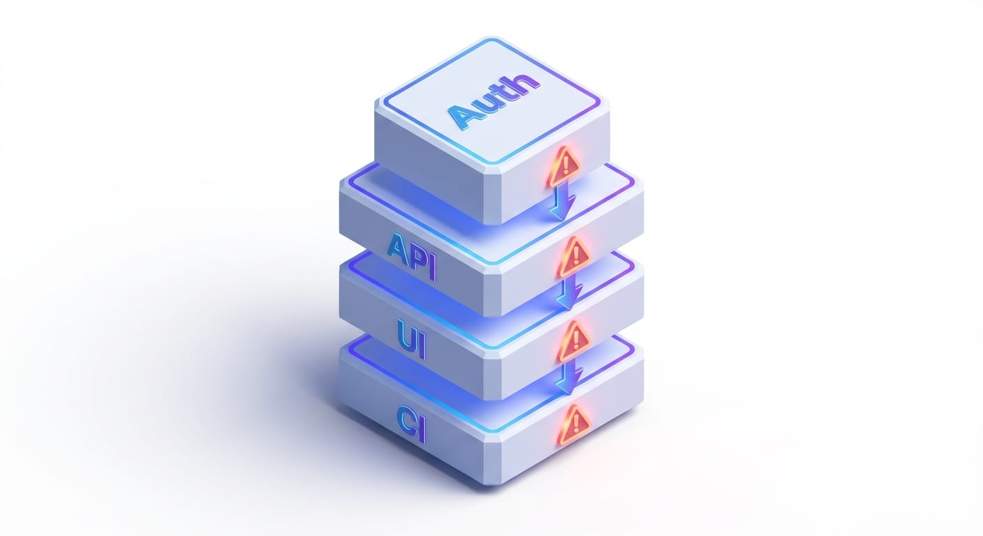 Isometric blocks labeled Auth, API, UI, and CI connected with arrows