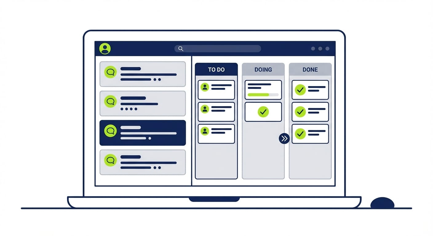 Developer laptop screen showing multiple chat panels and a shared task board