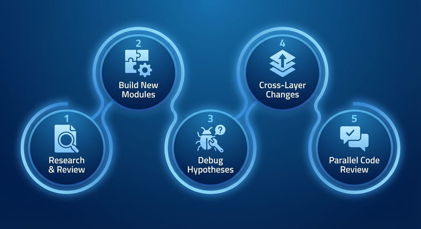 Infographic with five numbered circles listing Claude agent team use cases