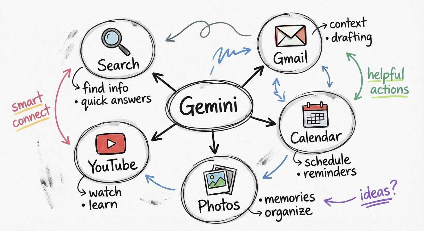 Simple workspace sketch showing Gmail, Calendar, Photos, and Chrome connected to Gemini
