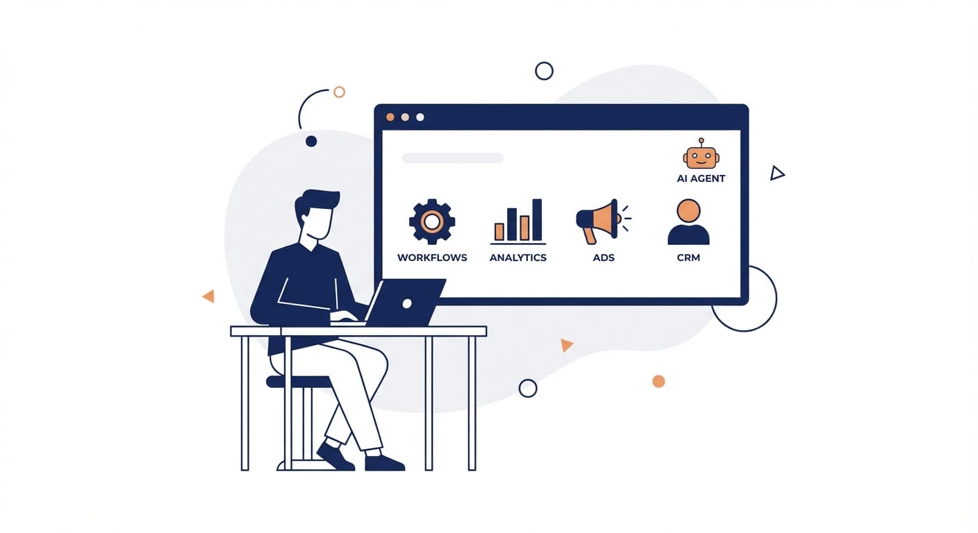 Marketer at desk viewing AI agent dashboard with CRM, ads, and analytics icons