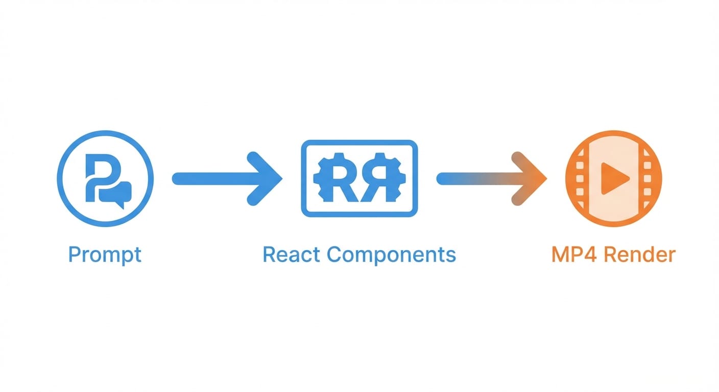 Flat illustration of a three-step pipeline from prompt to React code to MP4 file