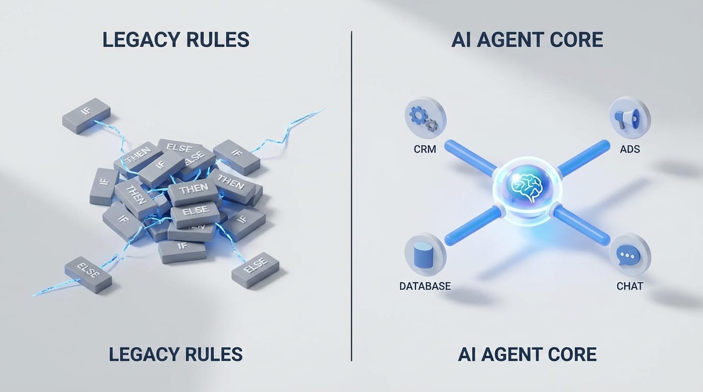 Isometric split graphic showing rule blocks on one side and AI agent hub on the other