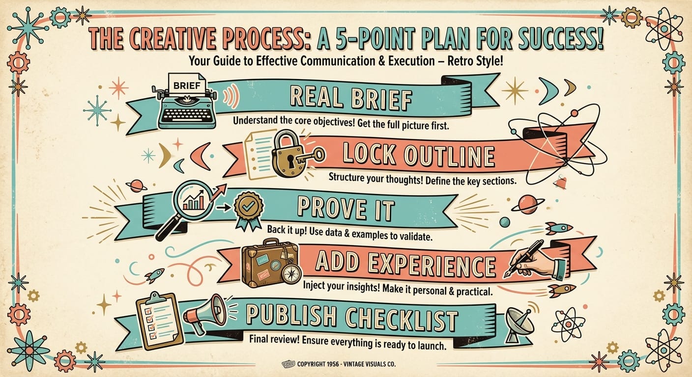 Infographic showing five-step AI content workflow with ribbon banners and icons
