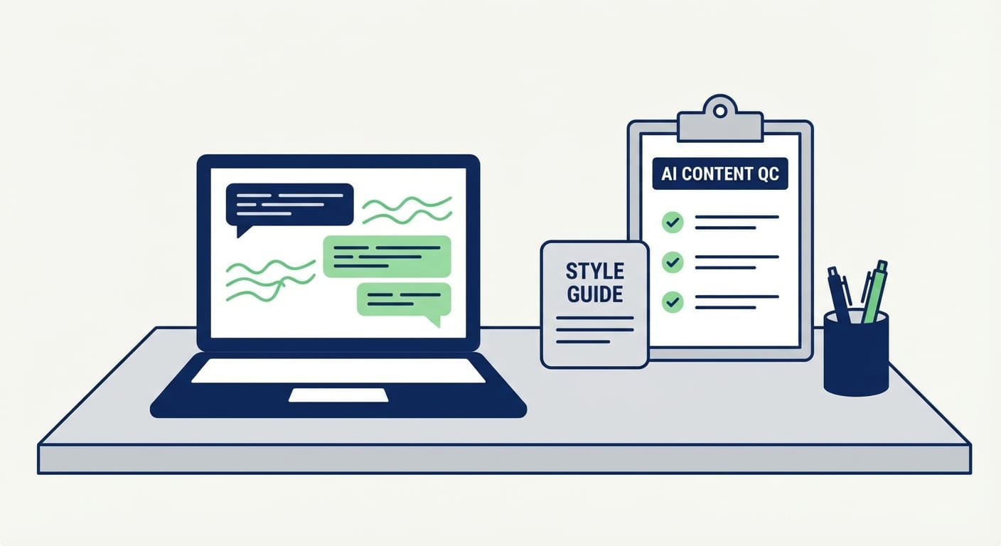Illustrated checklist and laptop with tracked edits and comment bubbles for content review